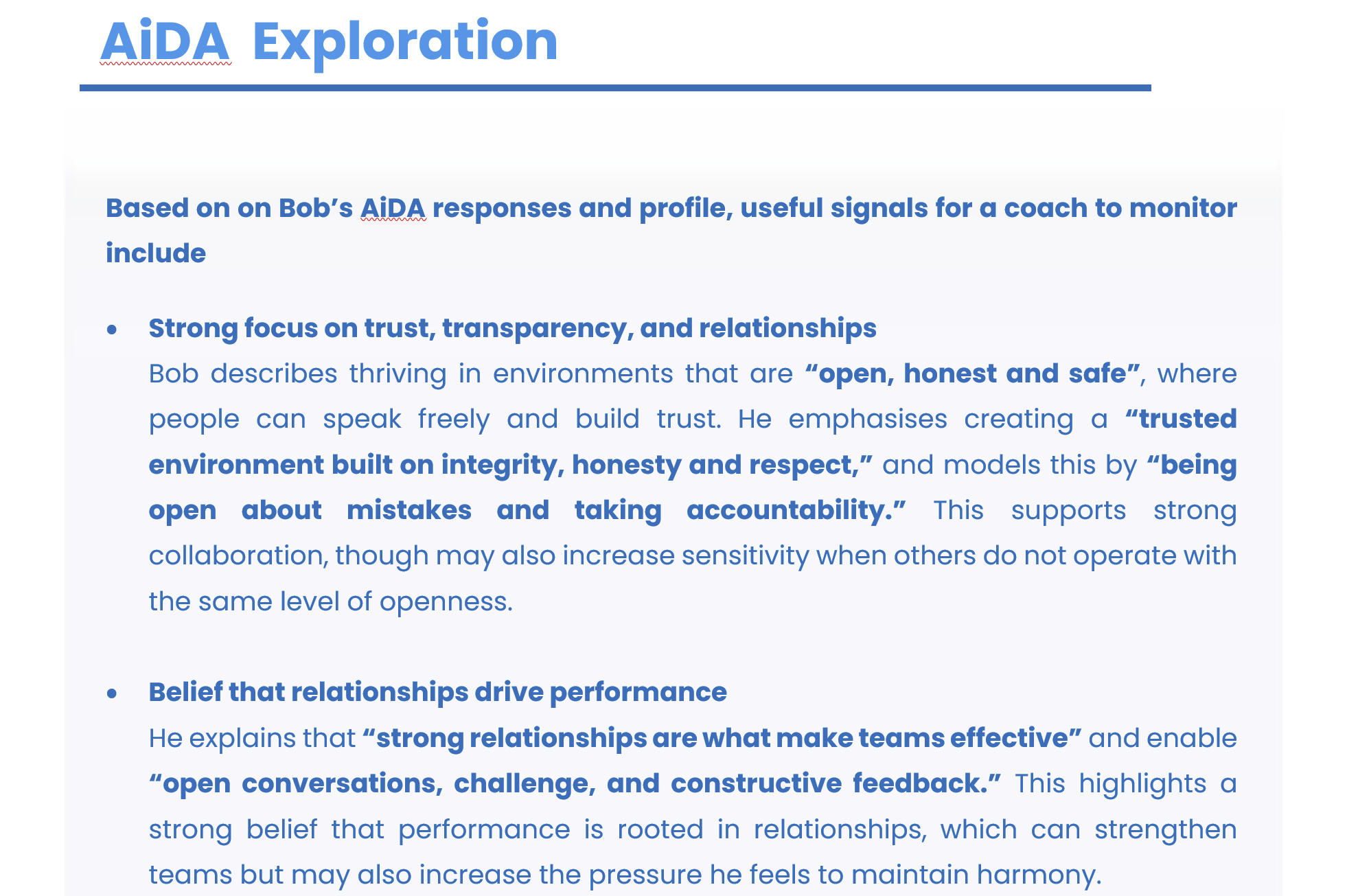 AiDA Exploration section showing client verbatim statements in coaching report