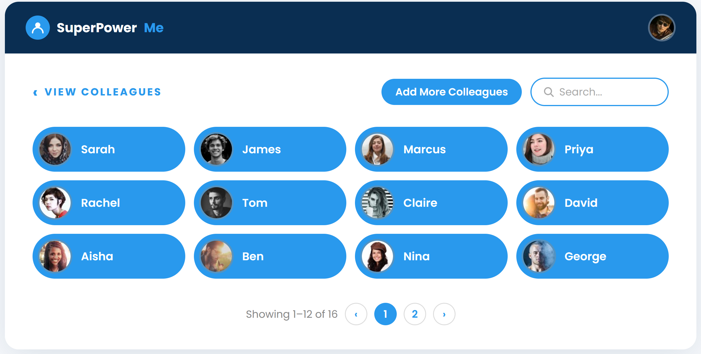 SuperPowerMe — View Colleagues screen showing team profiles